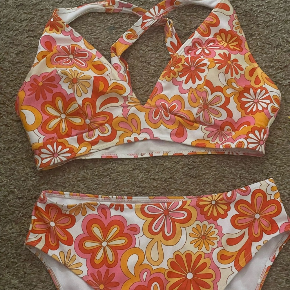 SHEIN Orange and Pink Floral Bikini Swim Set